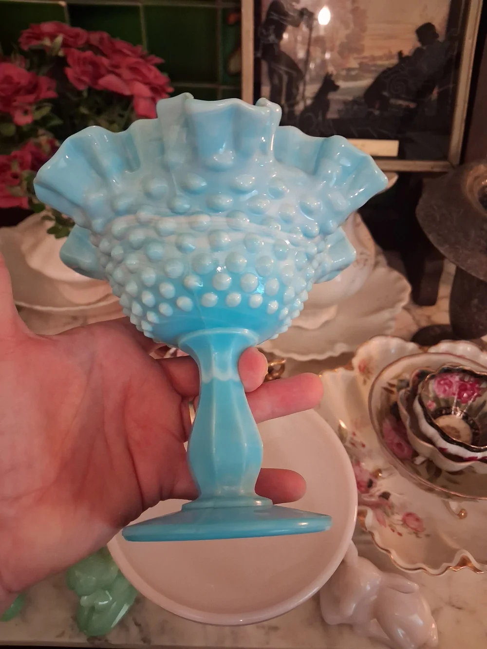 Fenton Blue Milk Glass Slag Hobnail Ruffled Compote